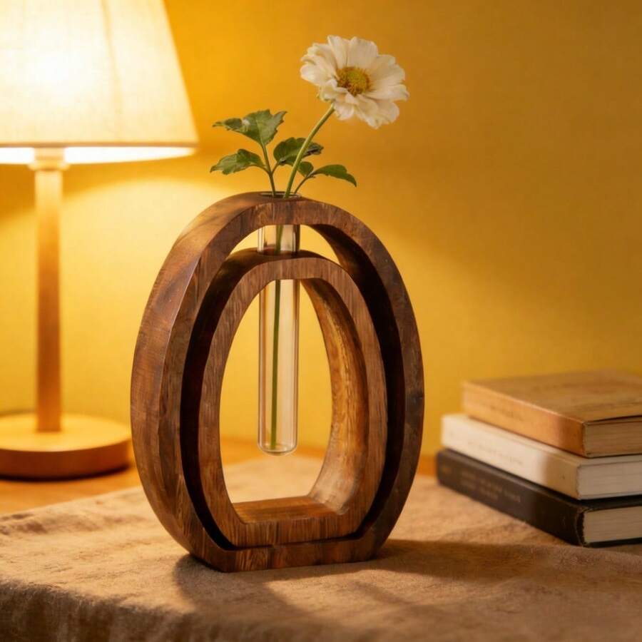 4 piezas Maceta hidropónica de madera de nogal y vidrio - Sistema hidropónico vertical vintage, incluye 2 jarrones de vidrio y 2 bases de madera de nogal, maceta de vidrio con aireación para las raíces - Decoración de escritorio para el hogar y la oficina, hidroponía ahorradora de espacio - Marrón - Ver 1