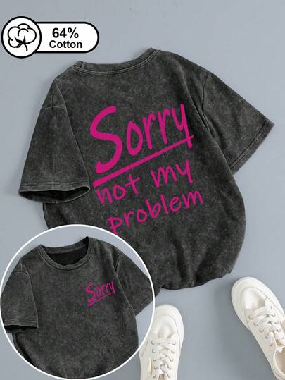 Plus Size Women Short Sleeve T-Shirt, Casual Daily Style, "Sorry Not My Problem" Double Print, Retro Snow Wash Design, Suitable For Outdoor Wear, Summer Top, Women Shirt, Summer Clothing, Graphic Print