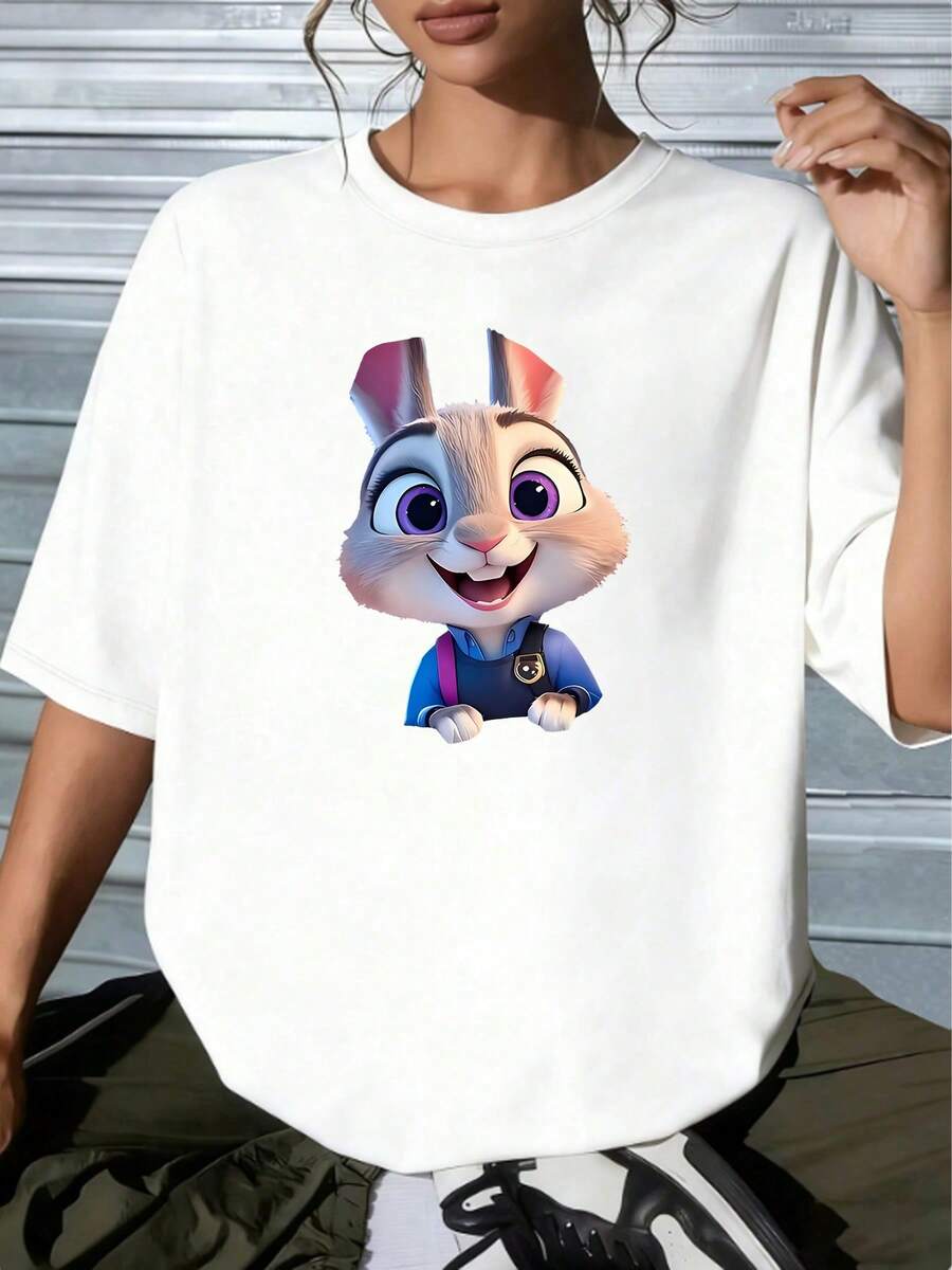Disney Breathable Soft Cotton Women's Oversized T-Shirt Judy Hopps Graphic, Versatile Everyday Outfit, Women's Casual TeeCrafted From Soft, Comfortable, And Durable Pure Cotton Fabric, This Round-Neck T-Shirt Is An Ideal Choice For The Spring And Summer Seasons. Suitable For A Wide Range Of Occasions-Including Daily Wear, Shopping, Parties, Travel, And Social Gatherings-It Also Makes For An Exquisite Gift. - 白色 - 查看 1
