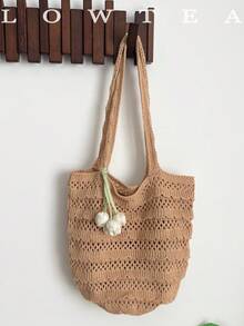 1pc Low Tea Solid Color Woven Fabric Shoulder Bag, Women's Retro Fashion Woven Shoulder Bag, Top Double Handle Design, Open Closure, Suitable For Travel, Shopping, Dating, Women's Gift, Very Suitable For Commuting, Outdoor, Travel, Hiking (With Pendant) - Khaki - View 2