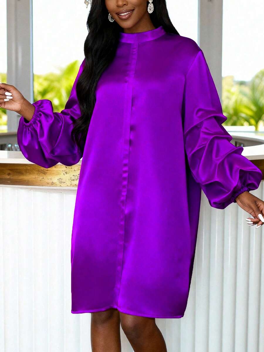 Đầm satin tím dáng suông dài tay phồng cổ cao thanh lịch, kín đáo, thích hợp mặc đi làm, đi nhà thờ hoặc mặc hàng ngày, mùa xuân. - Màu tím - Xem 1