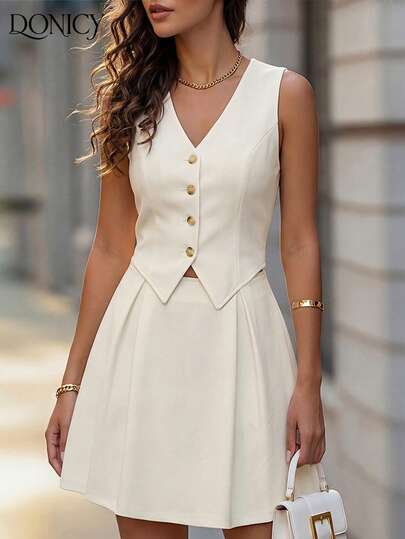 DONICY Women's Elegant White Sleeveless Vest Dress, Structured Fabric With V-Neck, Button Front & Flared Hem, Perfect For Summer Office & Casual Wear