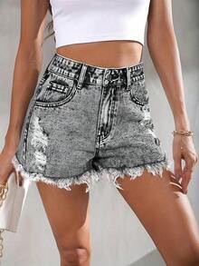 Women's Casual Sexy Elegant Fashion Elegant Commuting Pocket Frayed Sports Young Street Hole College Denim Shorts Summer - 灰色 - 查看 12
