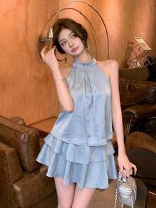 女士夏季无袖吊带背心和荷叶边蛋糕裙两件套 - 藍色兩件套裝 - 查看 5