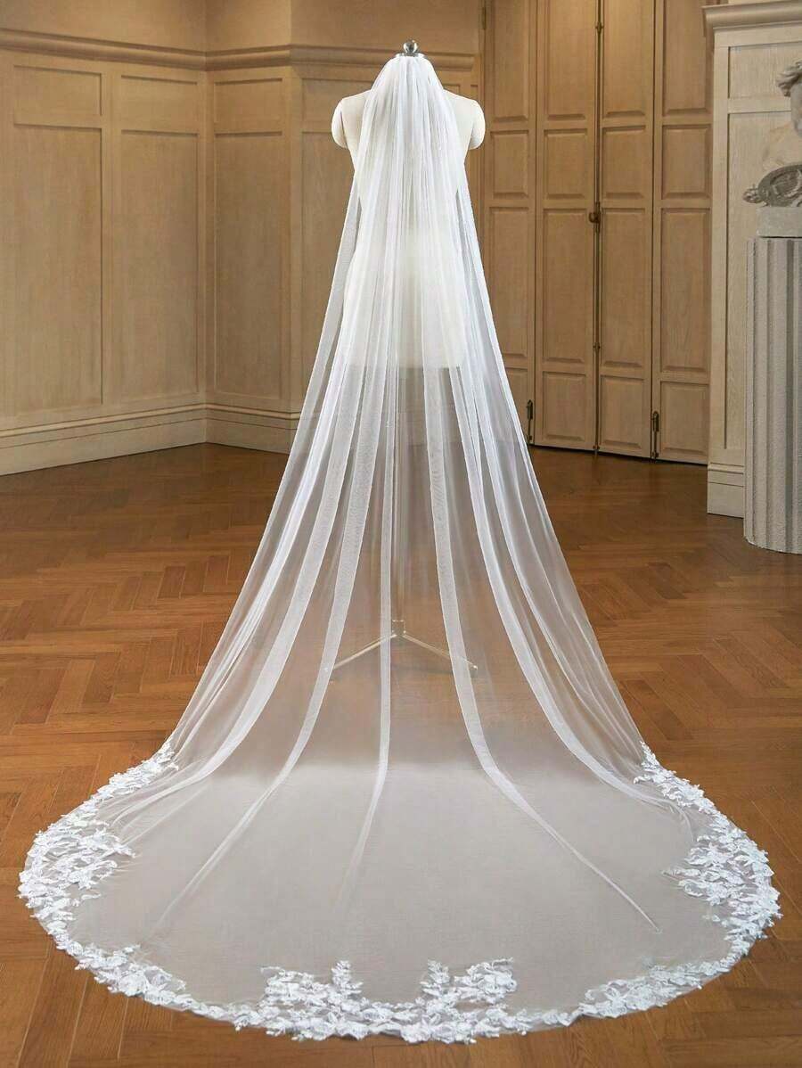 1pc Long White Single Layer Lace Cathedral Bridal Veil With Metal Comb - trắng - Xem 1