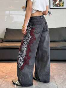1pc Women's Loose Fit Embroidered Wide Leg Jeans, Comfortable Casual High Street Fashion Pants (Belt/Accessories Not Included) Spring Black - màu đen - Xem 5
