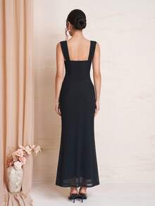 PARTHEA Elegant Black Off‑Shoulder Mermaid Maxi Dress, Draped Neck Mesh Bodycon Formal Party Long Dress - Black - View 7