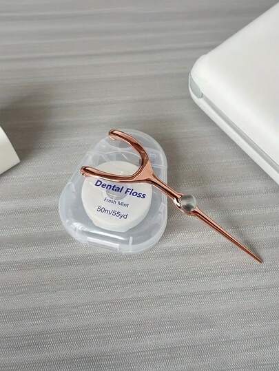 1 pieza Juego de hilo dental de acero inoxidable, con contenedor de hilo de menta, herramienta portátil de limpieza interdental, reutilizable para el hogar y los viajes, superficie de metal duradero, artículo esencial de higiene bucal, accesorio de viaje para el cuidado dental