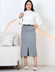 Women's Elegant Tailored Midi Skirt With Belt - 灰色 - 查看 3
