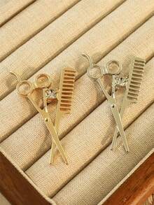 Korean Style Barber Brooch, Rhinestone Embellished Tailor Scissors & Comb Lapel Pin, Unisex Suit Accessory - Multicolor - View 1