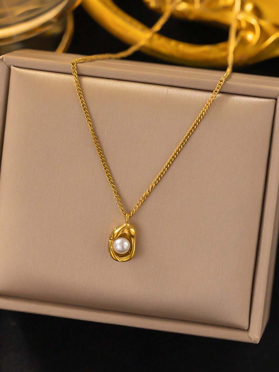 1 chiếc vòng cổ choker trang trí bằng ngọc trai giả và vỏ sò, thiết kế độc đáo, thanh lịch dành cho phụ nữ. - Vàng - Xem 1
