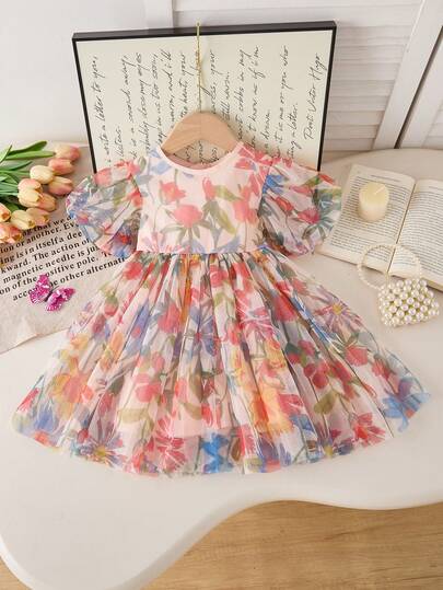 French Floral Petal Sleeve Mesh Princess Dress, Girls Summer Short Sleeve Children's Mesh Party Dress, Young Girl Birthday Gift Outfit