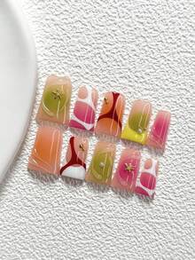 10Pcs Cool Style Handmade Nail Art Set,Polygel Nail Set,Starfish, Small Gold Beads Nail Art Accessories,Stripe Nail Art Decorations,Orange, Red, Green And Purple Nail Polish,Artistic Color Blocking Style,Comes With Nail Tools(1 Sheets Jelly Stickers+1PC Nail File)3 Sizes Available,Almond Nails, Duck Nails,Coffin Nails,Suitable For Reunion,Daily,Party,Photograph,Play,Spring Summer,Commute Supplies Nails - 彩色 - 查看 13