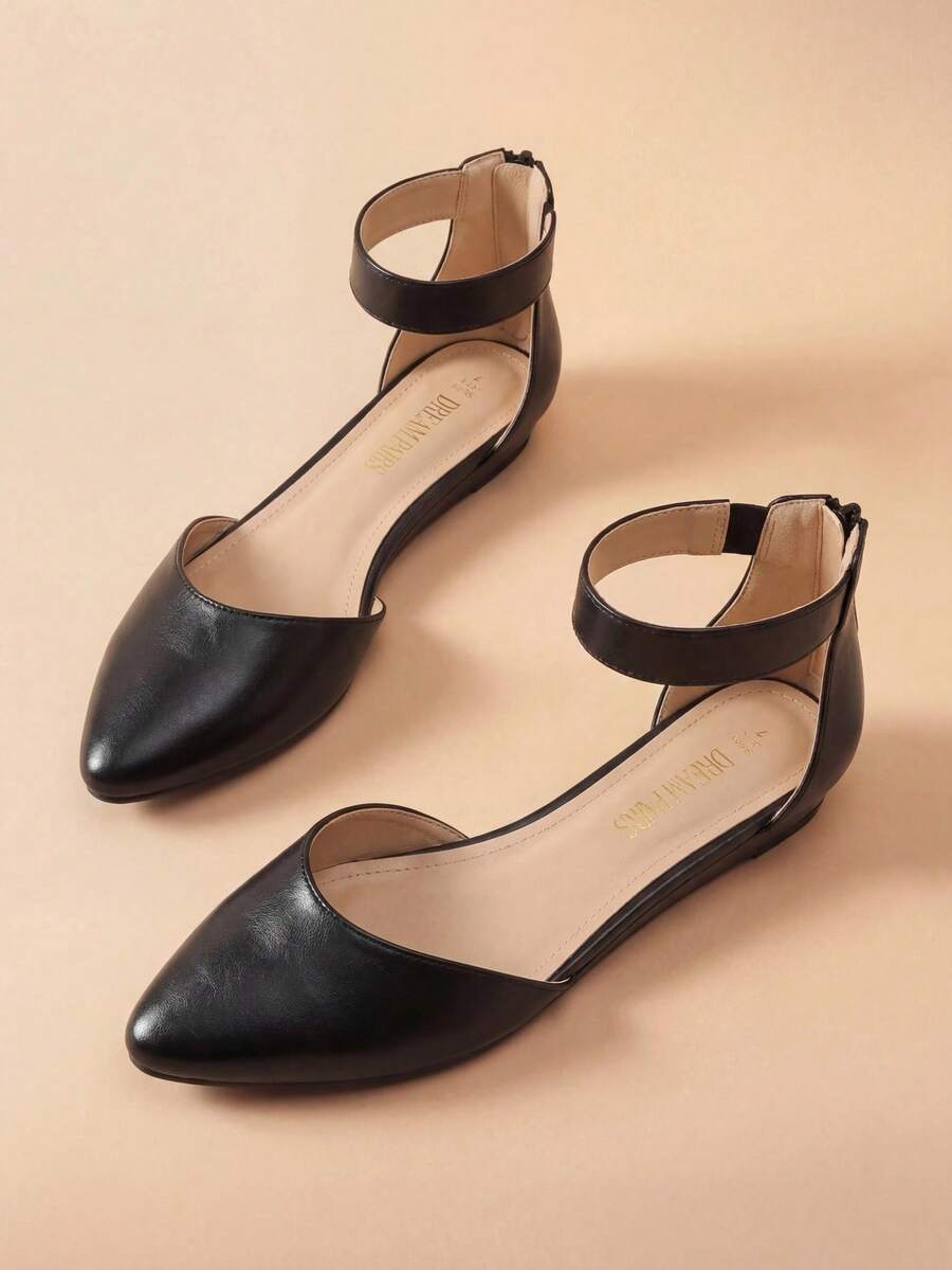 Women Wedge Flats Pointed Toe Ankle Strap Dress Flats Comfortable Elegant Casual Commute Wedding Ballet Flats Shoes - 黑色/PU - 查看 1