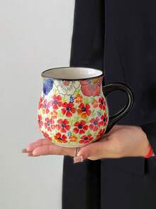 1pc Colorful Floral Design Mug, Hand-Painted Underglaze Flower Mug, Retro Ceramic Cup With High Aesthetic For Girls, Niche Couple Coffee Cup, Gift Mug For Afternoon Tea And Coffee, Suitable For Cafe, Dessert Shop, Office - Multicolor - View 9