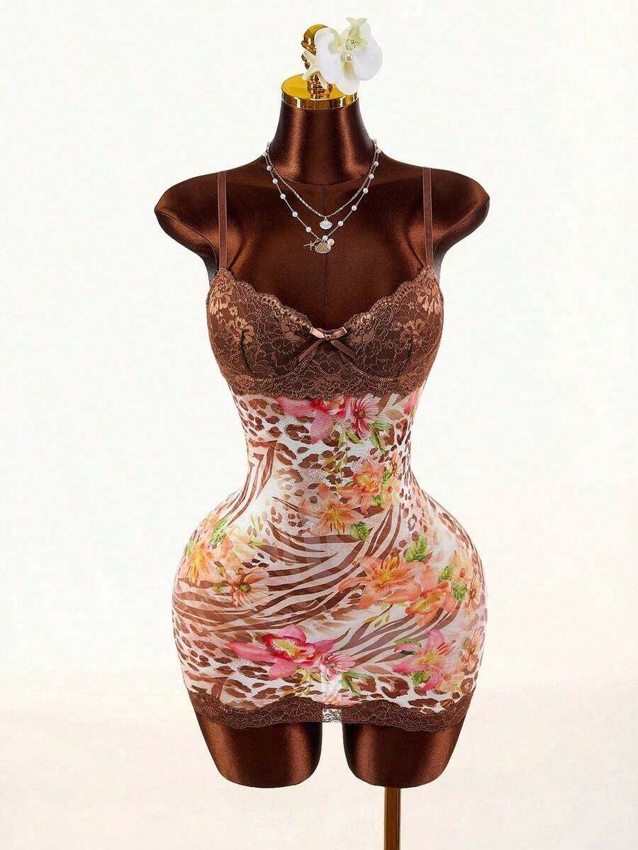 Amplova Lace Cup Detail Tropical Floral Mesh Bodycon Mini Dress Lace Trim Dress,Party Dress - Multicolor 2 - View 1