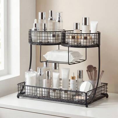 Senmeo Organizador de cosméticos de baño de 2 niveles con portarrollos | Estantería de alambre metálico para almacenamiento de maquillaje | Organizador de encimera de tocador | Negro