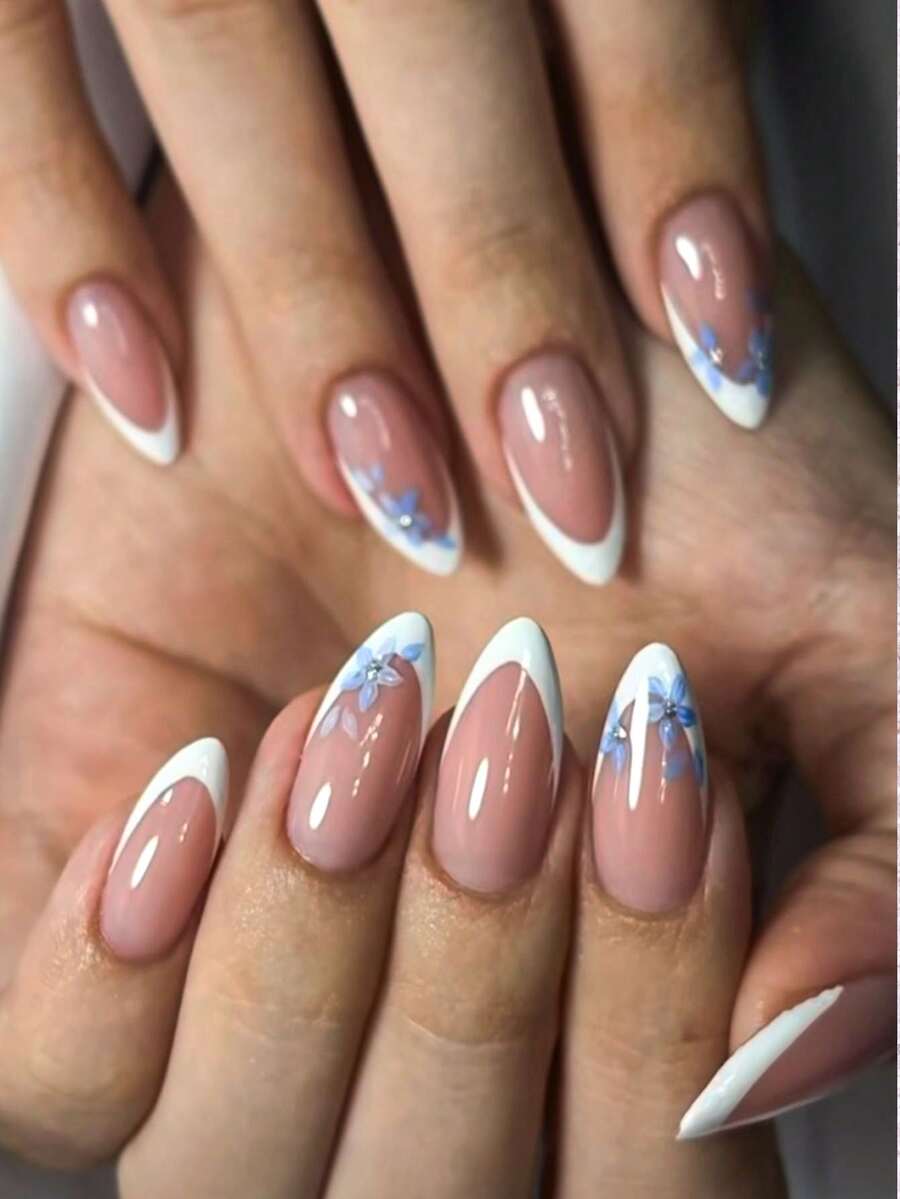 Bộ 10 miếng dán móng tay thủ công, dành cho móng ngắn, móng giả, kiểu móng Pháp hình hạnh nhân, màu nude, kiểu móng nhẹ nhàng tươi tắn cho mùa xuân và mùa hè, đầu móng kiểu Pháp màu trắng được vẽ tay và họa tiết hoa màu xanh dương đính đá, bao gồm dụng cụ làm móng, phù hợp cho nhiều dịp, dễ dán và dễ gỡ, miếng dán móng hình hạnh nhân dành cho phụ nữ và bé gái. - Xanh và trắng - Xem 1