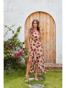 Women's Summer One Shoulder Sleeveless Floral Ruffle Flowy High Low Maxi Dress Wedding Guest Sundress - Floral White Red - View 3