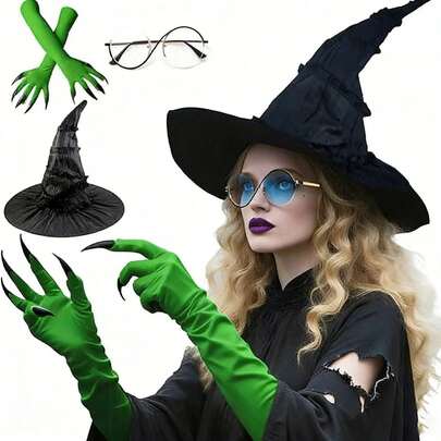 Bộ phụ kiện trang phục phù thủy dành cho người lớn gồm 3 món, bộ hóa trang Halloween bao gồm mũ phù thủy và găng tay móng vuốt màu xanh lá cây.