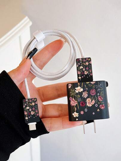 4pcs Floral Black Background Painted Phone Charging Accessory Set, Including 1 Charger Protective Case + 1 White Data Cable Strap + 2 Data Cable Protective Cases - 20W/18W Charger Adapter, Adapter Cover, Compatible With IPhone 11/12/13/14/15/16/13 Pro Max/16 Pro Max/17 Pro Max