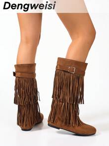 Camel Tassel Slip-On Bohemian Style Flat Round Toe Versatile Casual/Work Mid-Calf Boots, Fashion For Women In Spring & Autumn - Camel - View 8