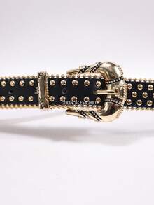 Women's Western Belt 2.8cm With Gold Studs And Vintage Buckle - màu đen - Xem 2