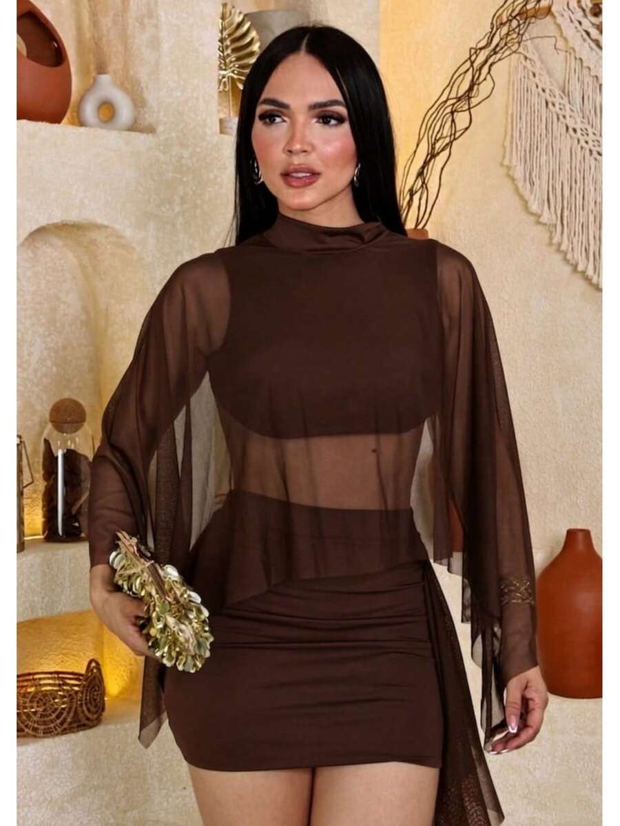 Elegant Women's Set - Party Style - Skirt + Top + Tulle - Fall/Winter 2026 Launch - Rust Brown - View 1
