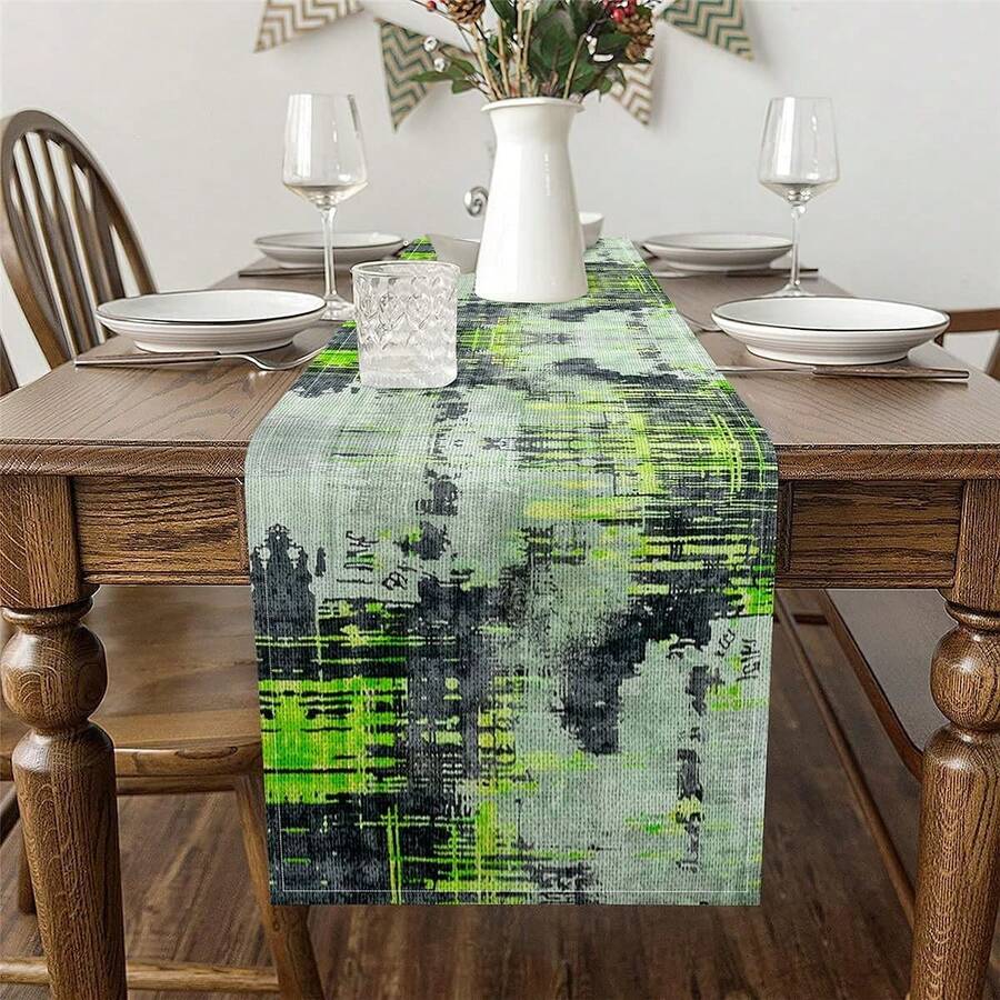 Watercolor Tie-Dye Table Runner, Lime Green Gray Colorful Vanity Dresser Runner, Modern Abstract Geometric Brushstroke Painted Runner, Suitable For Home Party Decor 13x35/13x47/13x59/13x72/13x90/13x108 Inches
