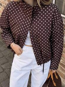 HZXVIC Chaqueta casual de mujer nueva con contraste de color y lunares, cordón, cremallera, cuello alto, estilo universitario, marrón primavera - Marrón - Ver 8