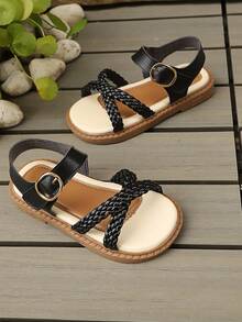 女童黑色编织交叉凉鞋，儿童复古露趾平底鞋，魔术贴搭扣柔软防滑沙滩鞋 - 黑色 - 查看 5