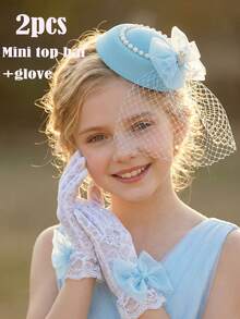 2pcs/Set Sky Blue Crown Net Veil Rhinestone Bow Fascinator Hat + Bow Gloves, Bridal Shower, Wedding, Party Photo Booth Props, Floral Wreath, Wrist Corsage, Matching Mother-Daughter - Baby Blue - View 5