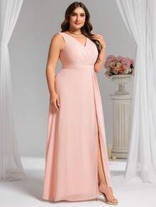 Plus Romantic V Neck Sleeveless Ruched Bust High Split Bridesmaid Dresses For Wedding Party Wedding Guest - Pink - View 3