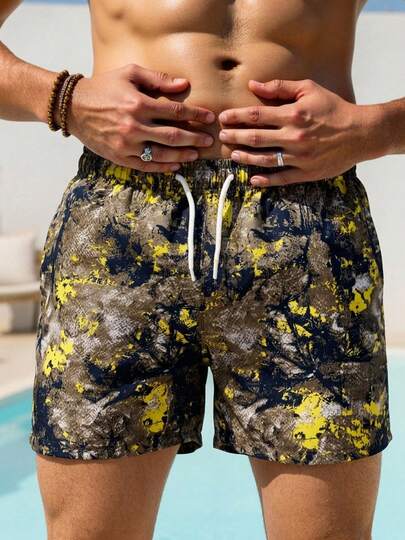 1pc Men's Vintage Yellow-Brown Camouflage Graffiti Print Beach Shorts, Drawstring Elastic Waist, Suitable For Beach, Surfing, Swimming Pool, Vacation, Sports & Casual Wear, Machine Washable