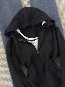 Chaqueta con capucha casual con cremallera frontal de unicolor y manga larga para mujer - Blanco - Ver 11