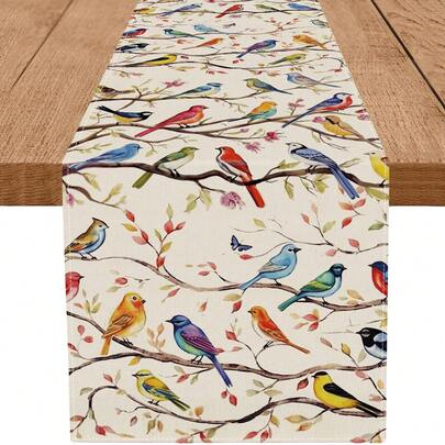 Khăn trải bàn họa tiết chim và cành cây nhiều màu sắc, trang trí bàn ăn nhà bếp, tiệc tùng, mùa xuân/hè.
