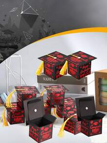 Hộp kẹo hình mũ tốt nghiệp (50/15 chiếc/1 chiếc), đồ dùng tiệc tốt nghiệp 2025, hộp kẹo quà tặng tốt nghiệp phù hợp cho tiệc tốt nghiệp. - Màu đỏ và vàng với dây thừng màu vàng - Xem 10