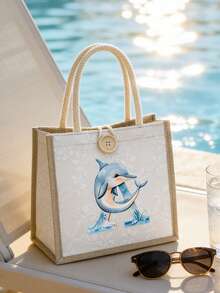 1pc Linen Handbag With Cute Dolphin Letters A-Z, Ditsy Floral Linen Button Decorative Handbag, Portable Travel Beach Handbag, Swimming Gear Storage, Button Embellished Handbag, Simple Large Capacity Handbag, Portable Casual Storage Handbag, Multifunctional Shopping Bag, Gifts For Family, Friends, Loved Ones, And Teachers, Unique Birthday Gifts, Holiday Gifts, Party Gifts, Mother's Day Gifts, Wedding Gifts, Back-To-School Gifts - Multicolor - View 8