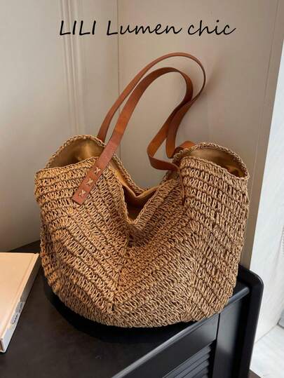 This Khaki Solid-Color Woven Shoulder Bag Features A Leather Shoulder Strap For Carrying On The Shoulder Or By Hand. It Boasts A Large Capacity And A Stylish, Versatile Zipper Design. The Woven Body Gives It A Unique Shape. Whether For Vacation Or Beach Attire, It's An Ideal Choice For Travel And Shopping.