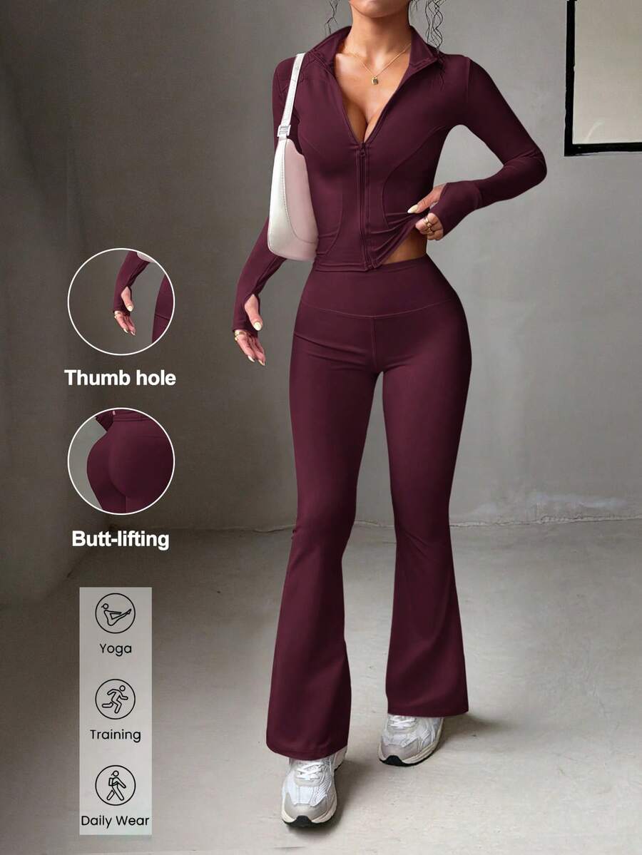 Aoqta Sports 女士夏季休闲纯色两件套，修身长袖拉链立领上衣搭配高腰显瘦喇叭裤，适合瑜伽、跑步、健身和日常穿着。 - 酒紅色 - 查看 1
