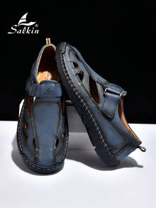 Salkin 男士手工缝制沙滩凉鞋，夏季户外休闲鞋，简约时尚镂空拖鞋，适合户外和度假穿着，舒适透气防滑 - 藍色 - 查看 4