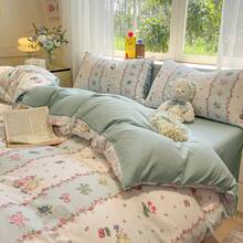 4 piezas Juego de ropa de cama suave y cómodo con estilo INS, estampado de conejo y fresa (1 Edredón + 2 Fundas de almohada + 1 Sábana plana, sin relleno), Juego de ropa de cama reversible con estampado de conejo a rayas, Edredón de jacquard de nube transpirable, Adecuado para dormitorio, habitación de invitados - verde menta - Ver 7
