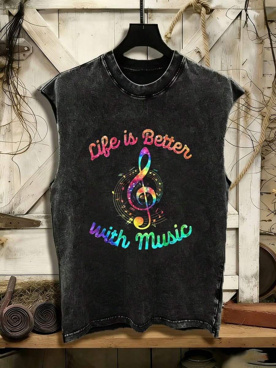 210g Washed Vest, Printed With "Life Is Better With Music" In Playful Cursive Gradient Pink To Orange And Blue, Multicolored Treble Clef With Starry Effect, Musical Notes In Bright Hues, Men's Washed And Worn Camisole, Suitable For Outdoor Sports And Fitness, Streetwear, Machine Washable, Summer Casual Sleeveless Top, Washed Pure Cotton - 黑色 - 查看 1
