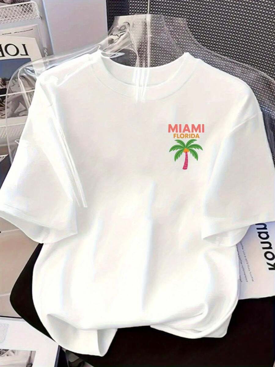 Summer Clothes Womens Miami Florida Tropical Print T-Shirt| Vibrant Palm Tree & Miami Lettering Graphic, Breathable Relaxed Fit Crew Neck Short Sleeve Top, White With Pink & Orange Design For Beach Vacation & Casual Summer Outfits, Machine Washable Florida Souven Crop Tops - trắng - Xem 1