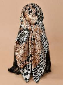 1pc Women Bandana Fashion Leopard Print 90cm Square Scarf, Versatile Bandana Headwrap, Suitable For All Seasons For Dress - 01-màu kaki - Xem 1