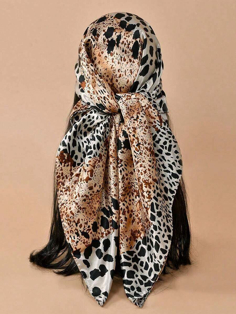 1pc Women Bandana Fashion Leopard Print 90cm Square Scarf, Versatile Bandana Headwrap, Suitable For All Seasons For Dress - 01-màu kaki - Xem 1