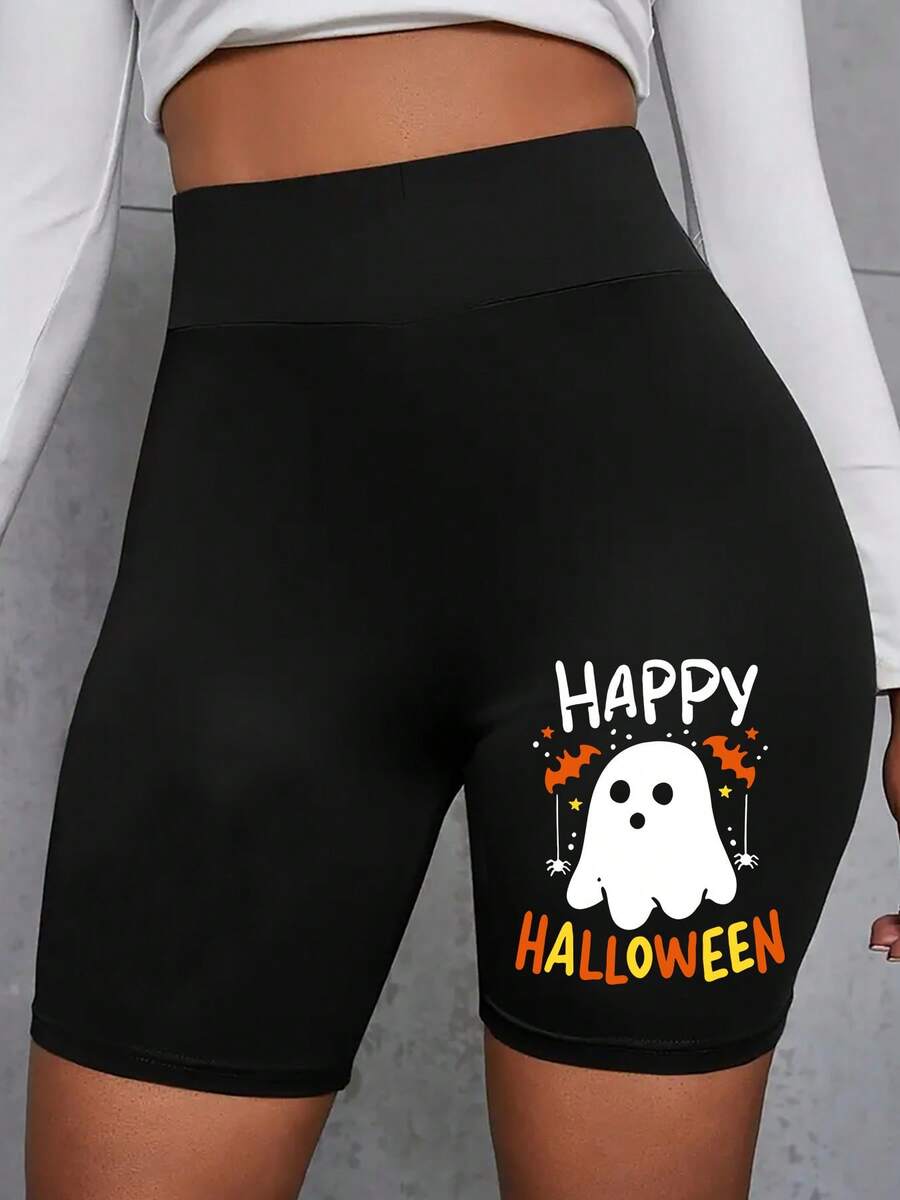 Women'S High-Waisted Casual Shor With Halloween-Themed Ghost Prinor Summer Festivities - màu đen - Xem 1