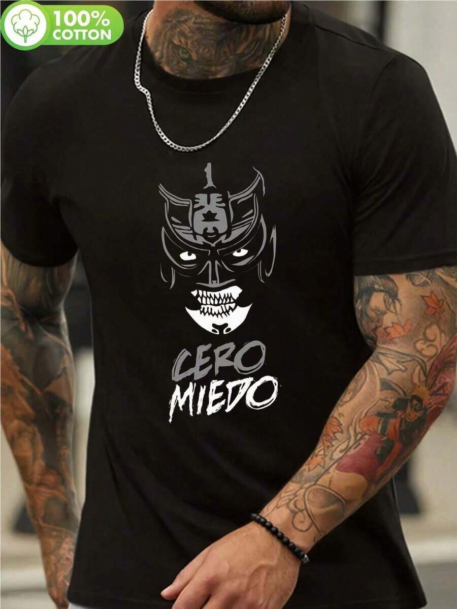 Camiseta gráfica de luchador Cero Miedo para hombres de talla grande - Extra grande negra 100% algodón de ajuste suelto de manga corta, diseño de máscara pentagonal atrevida, ropa de calle para gimnasio, uso al aire libre y casual, lavable a máquina, comodidad para todas las estaciones, camiseta de lucha, atuendo de gimnasio, estilo urbano, material duradero, camiseta llamativa, para asistentes al gimnasio - Negro - Ver 1