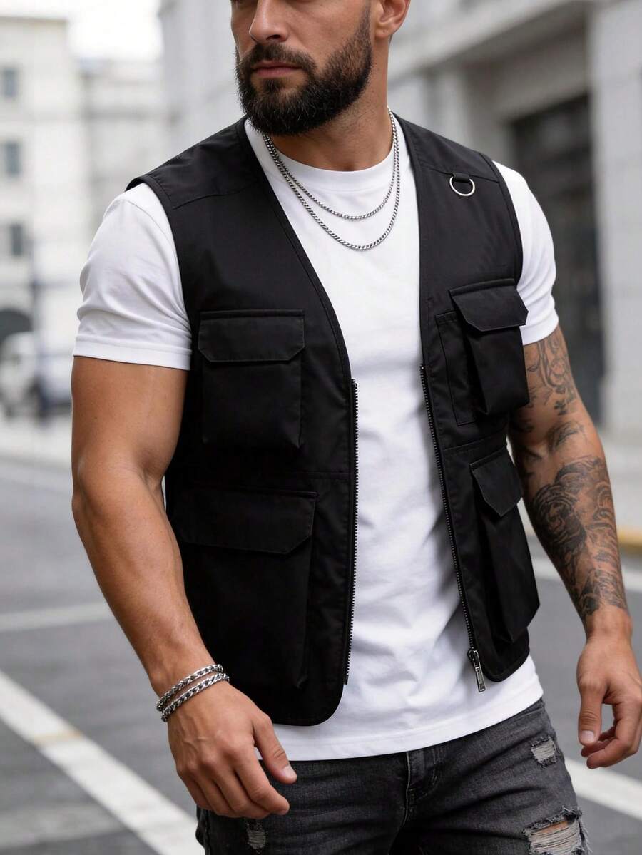 Men's Multi-Pocket Detachable Back Vest, V-Neck Photography Fishing Jacket Outerwear, Team Workwear, All Season - Black - View 1