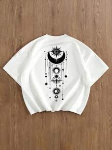 神秘暗黑图腾、太阳、月亮和星星卡片印花男士时尚宇宙神秘上衣男士休闲日常通勤时尚街头美元邮票字母印花短袖白色T恤，夏季 - 白色 - 查看 1